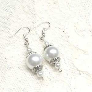 Handmade White Pearl Bead Earrings, Wedding Faux Pearl Earrings